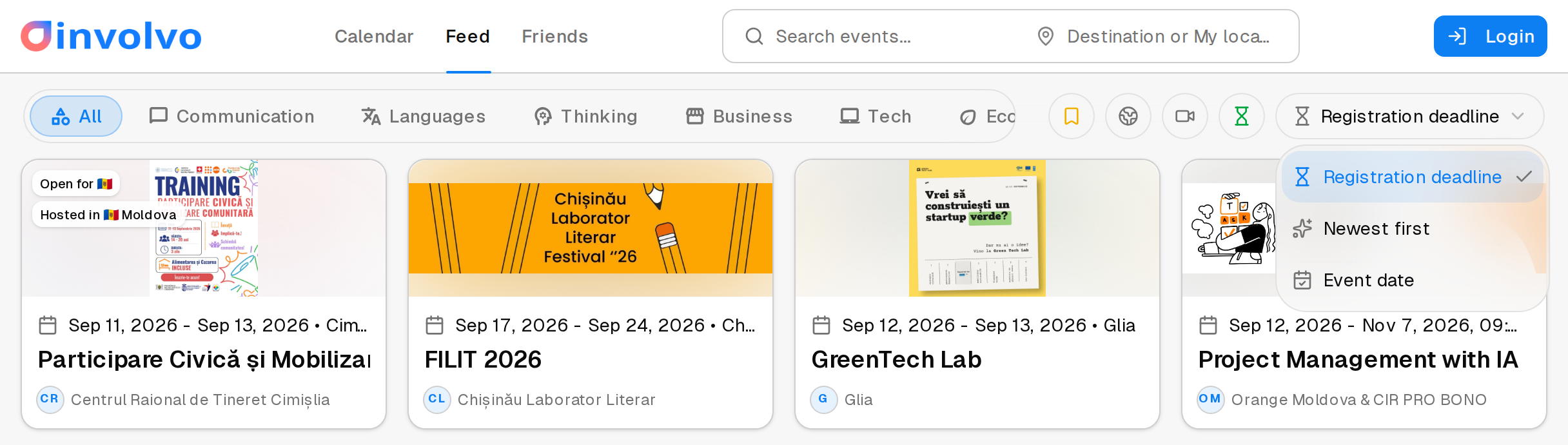 The Involvo feed on desktop with the sort control open, showing the three orderings: registration deadline, newest first, and event date