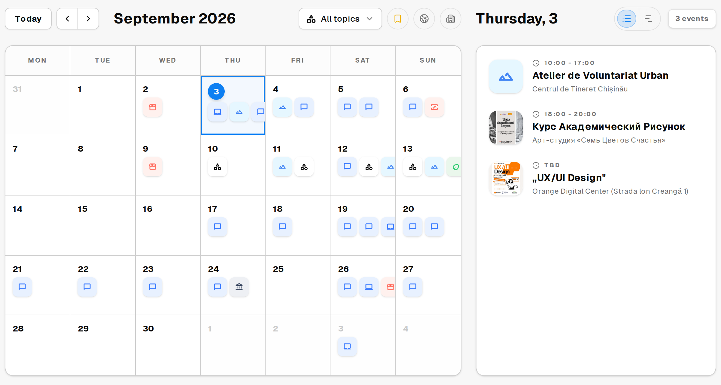The month calendar for September 2026 with icons marking the days that have events, and the selected day's events listed beside it