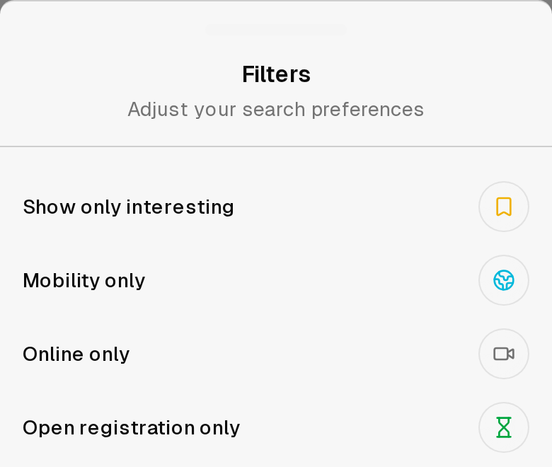 The filter panel with the Mobility only toggle switched on, listed alongside Show only interesting, Online only and Open registration only