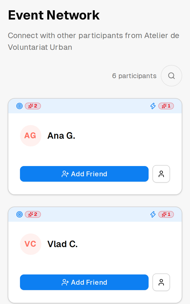 The networking view for an event, listing attendees by first name and initial with an Add Friend button on each