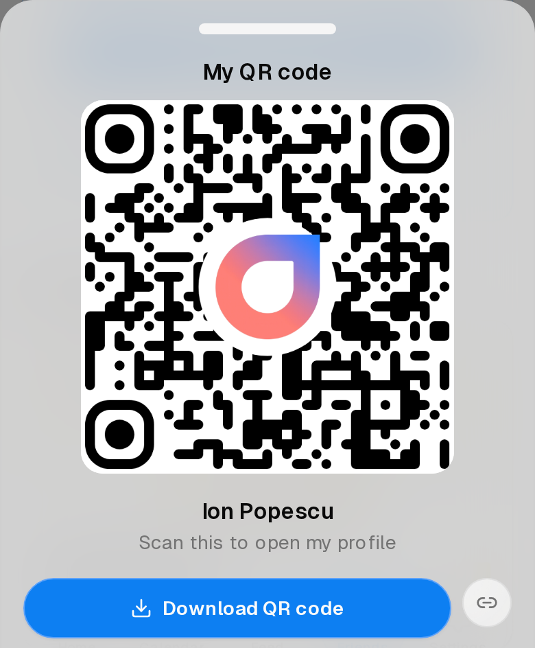 The My QR code sheet showing a QR code, the account holder's name, and buttons to download the code or copy the profile link