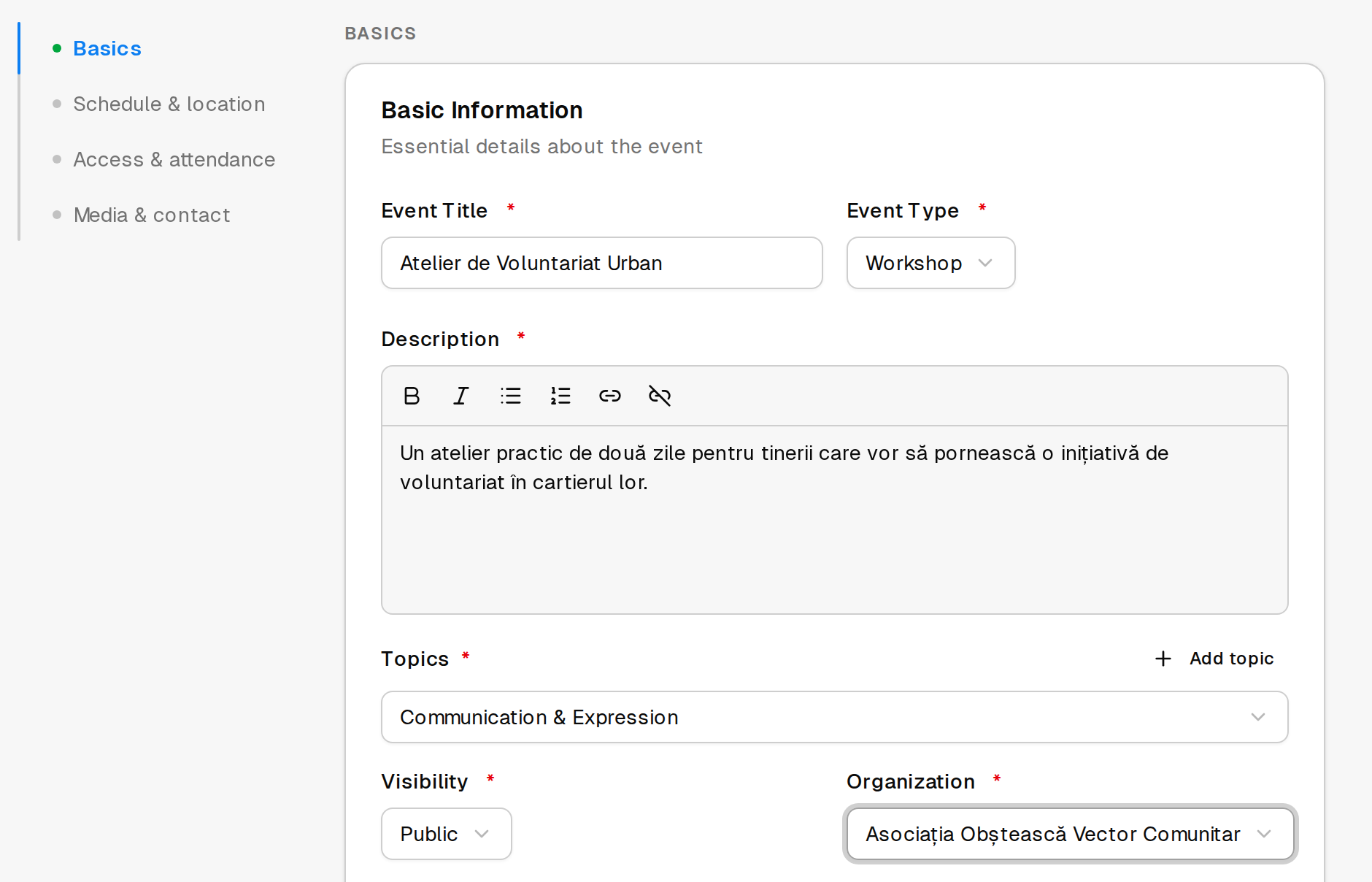 The Basics step of the event creation form, with fields for the title, event type, description, topics, visibility and the publishing organization